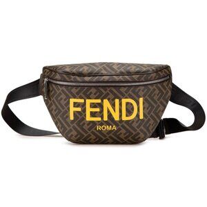 Pre-owned Fendi Shiny Glazed Fabric Vitello Cover Ff 1974 Logo belt Bag Brown